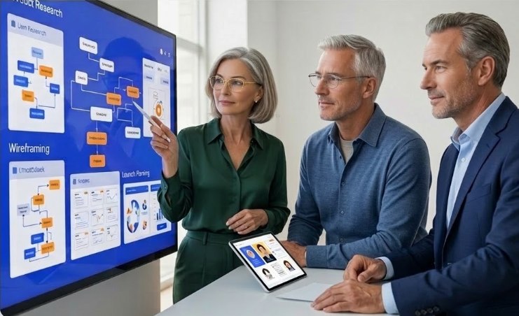 Professional team collaborating on digital strategy